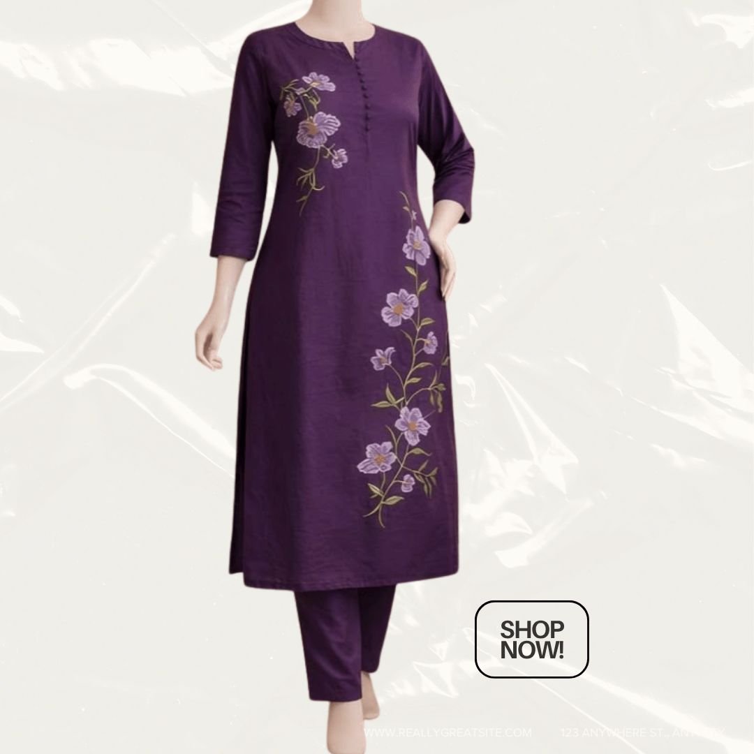 Women's Floral Embroidered Kurti & Pant Set (Purple & Red) - Photo 2