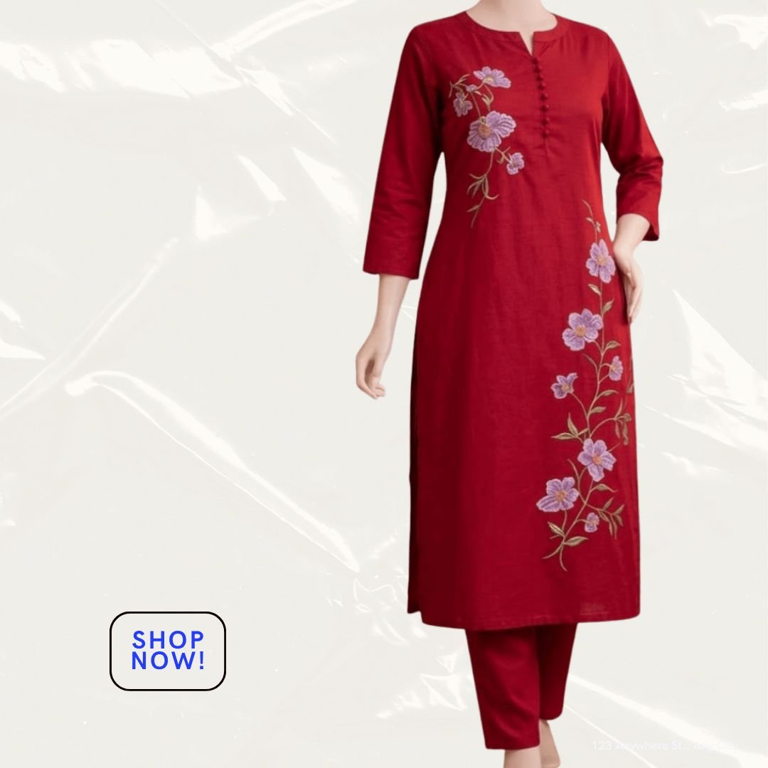 Women's Floral Embroidered Kurti & Pant Set (Purple & Red) - Photo 3