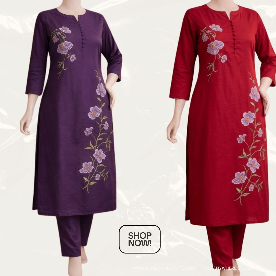 Women's Floral Embroidered Kurti & Pant Set (Purple & Red)