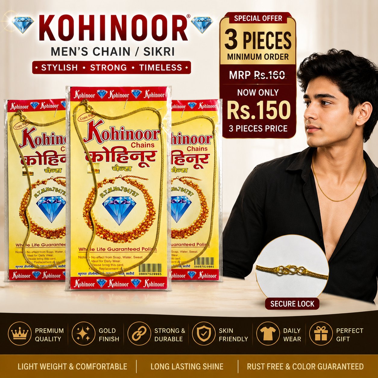 Kohinoor Men's Chain / Sikri – Gold Tone