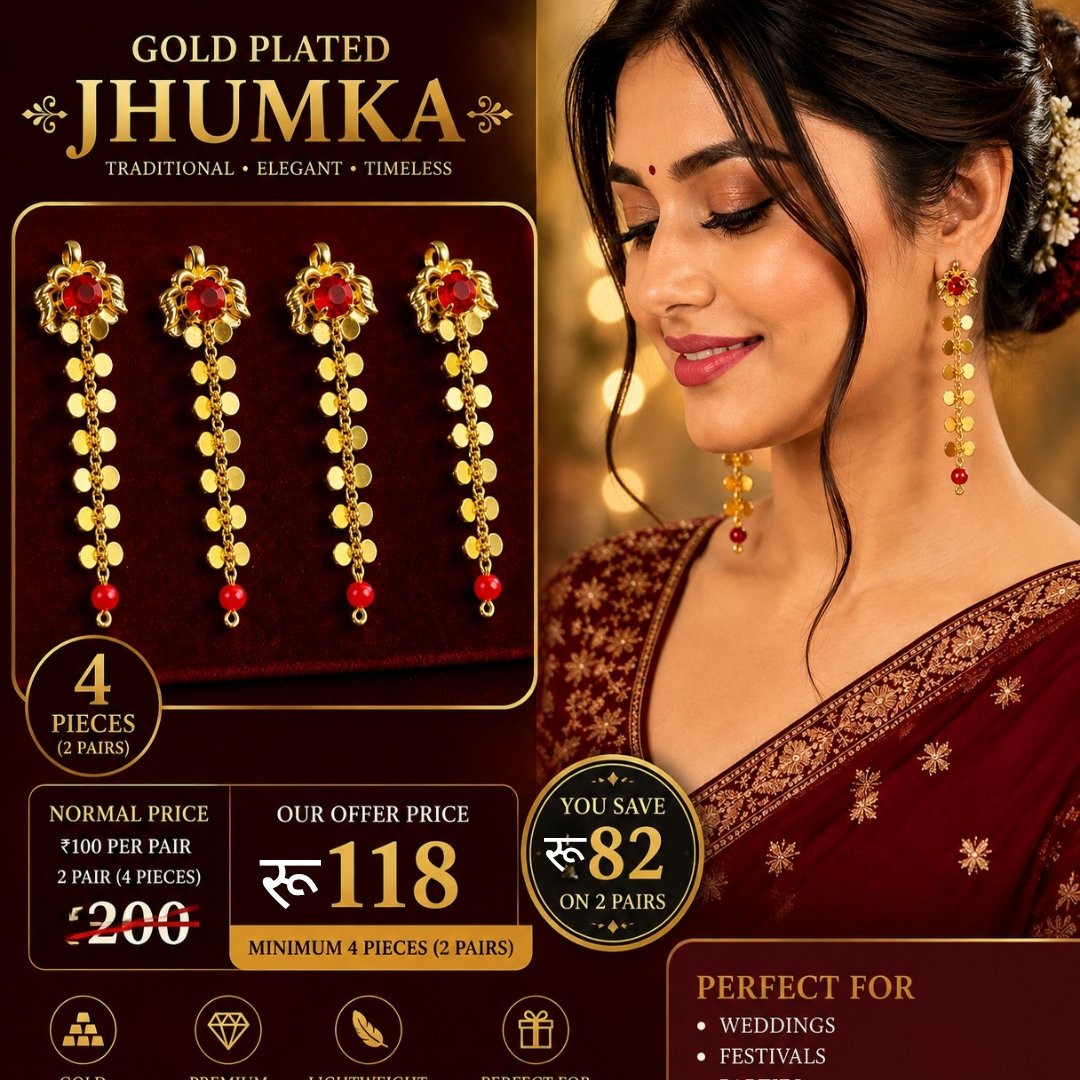 Gold Plated Red Stone Long Dangling Jhumka Earrings for Women