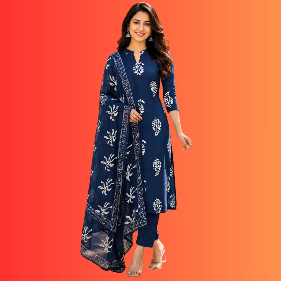 Women’s Navy Blue Printed Kurta Set with Dupatta –