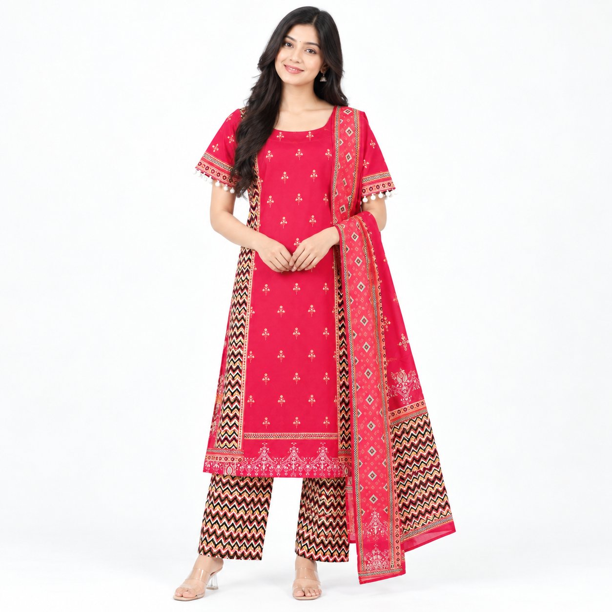 Premium pink Printed 3-Piece Women’s Ethnic Suit Set with Dupatta - Photo 2